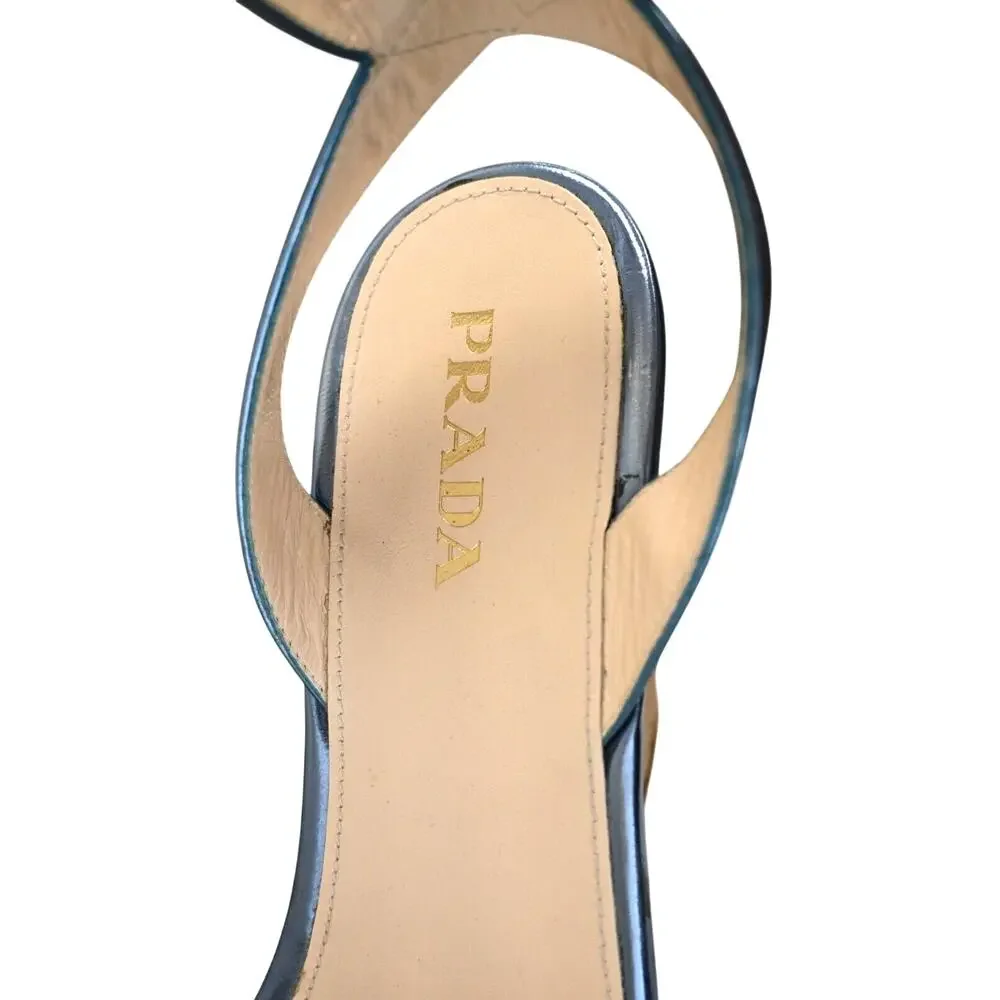 Prada Blue Metallic Leather Bamboo Wedge Platform Sandals Size 39